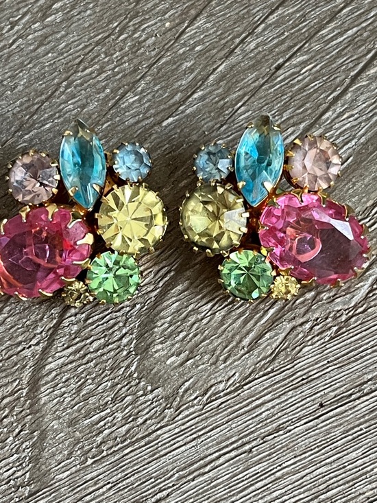Juliana Jewelry - JULIANA Gold-Tone Multi-Color Crystal Cluster Clip Earrings - prong set